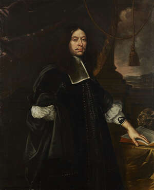 Follower of Philippe de Champaigne, 
		French 1602-1674- 
		 
		Portrait of a gentleman standing three-quarter length in a black coat, his left hand holdin