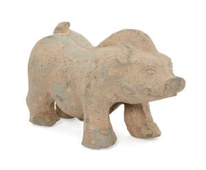 
	
		A Chinese grey stoneware model of a pig, Han dynasty, modelled standing four-square with...