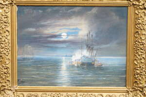 
	
		Circle of Thomas Sewell Robins, 
		British c.1810-1880
		 
		Moonlit battle on a...