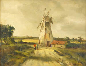 
	
		Raoul Millais, British 1901-1999- The Mill, 1954; oil on canvas board, signed, 19.5x24.5cm...