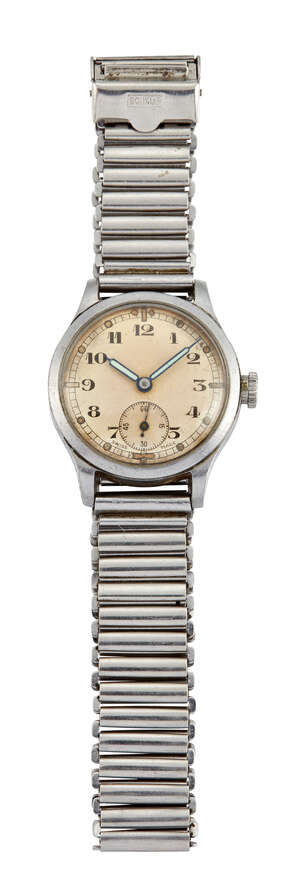 
	
		 A Swiss, stainless steel, British military issue, ATP wristwatch, the silvered dial with...