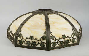 
	
		A glass and bronze octagonal light shade, early 20th century, the frame pierced with...