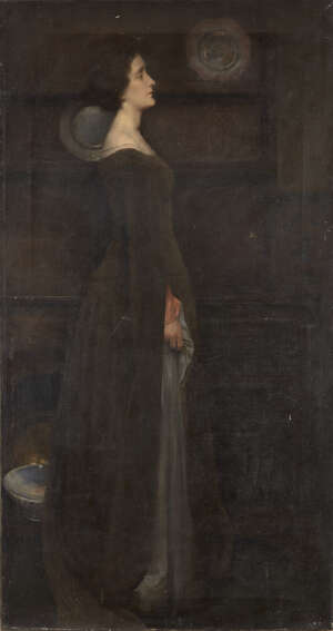 
	
		British School, 
		 
		late 19th Century- 
		 
		Portrait of a lady standing...