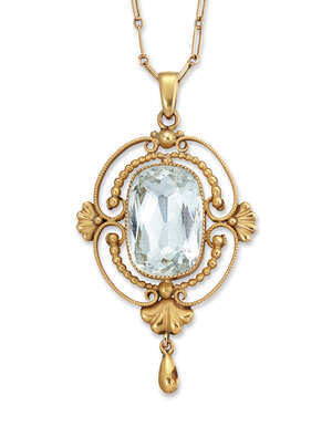 
	
		Georg Jensen, gold and aquamarine pendant 
		c.1925, GI mark 765, 18k, 32
		Believed to...
