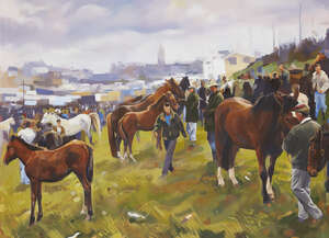 
	
		Fergus Lyons,
		Irish b. 1950-
		Fair Green, Ballinasloe;
		oil on canvas laid down on...