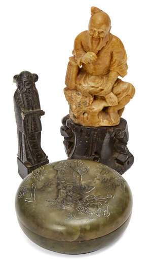 A Chinese soapstone box and cover and two soapstone carvings, early 20th century, the box carved...