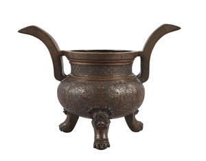 
	
		A Chinese bronze archaistic tripod censer, Ming dynasty, 17th century, with curved...