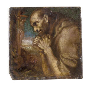 Manner of El Greco, 
		late 17th century- 
		 
		Friar praying; 
		 
		oil on marble, 12x12cm 
		 
		 