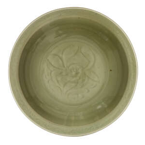 
	
		A Chinese Longquan celadon charger, Ming dynasty, 15th century, incised to the centre...