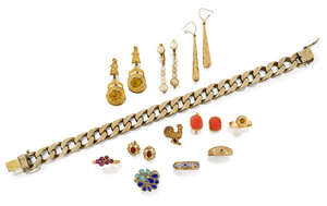 A group of jewellery, including: a large silver-gilt curb-link bracelet, 92.5g; a garnet and synthetic ruby cluster ring;  a 9ct gold gypsy ring, 1.3g; a synth