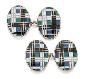 
	
		A pair of 18ct white gold and enamel cufflinks, the oval panels of blue, green, black and...