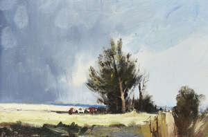 
	
		Roy Petley, 
		British b.1950 - 
		 
		Cattle on marshes; 
		 
		oil on board,...