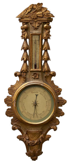 
	
		A Louis XVI carved gilt and painted wood barometer, late 18th century, the case carved...