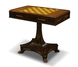 
	
		An Empire style rosewood and inlaid games table, early 20th Century, the rectangular top...