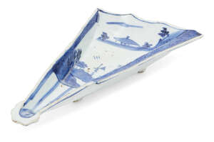 A Chinese porcelain blue and white porcelain kosometsuke fan-shaped sweetmeat dish, Tianqi period, painted in underglaze blue with a fan and boats in a river l