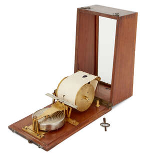 
	
		A wall mounted barograph, Antoine Redier patent, late 19th century, in a hinged, angled...