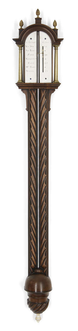 
	
		A George III mahogany stick barometer, by James Ayscough, mid-18th century, the arched...