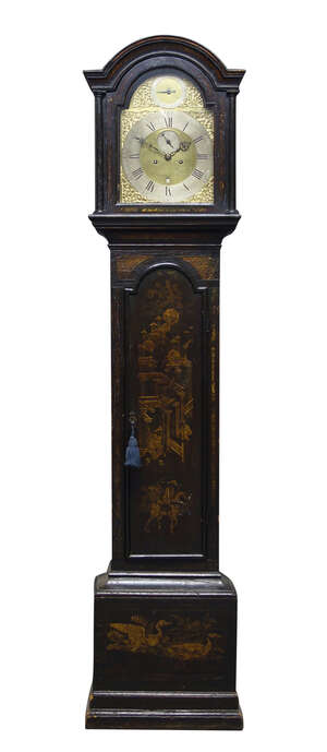 
	
		A George II black japanned longcase clock by Randell of Portsmouth Common, the case with...