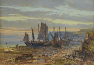 
	
		Charles Brooke Branwhite, 
		British 1859-1929-
		Fisherfolk with beached fishing...