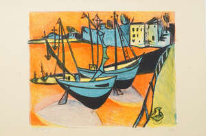 
	
		Rolf Durig, 
		Swiss 1926-1985- 
		 
		Harbour scene;
		 
		lithograph in colours,...