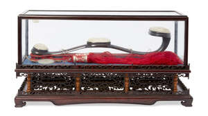 
	
		A Chinese rosewood and hardstone set ruyi-sceptre, late 20th century, the three hardstone...