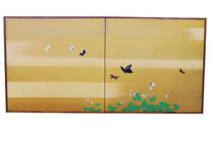 
	
		Reiki Yamaguchi, Japanese 1894-1979, two-fold furosaki screen, ink in colour against gold...