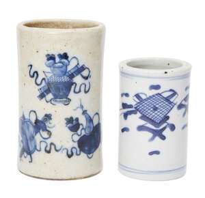 
	
		Two Chinese porcelain brush pots, late 19th/early 20th century, each painted in...