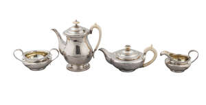 A George IV silver three piece tea service, London c.1825, Rebecca Emes & Edward Barnard I, comprising teapot, with ivory finial and handle, milk jug and sugar
