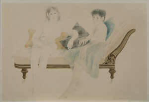 
	
		David Remfry MBE RA, 
		British b.1942- 
		 
		Two women seated on a chaise longue;...
