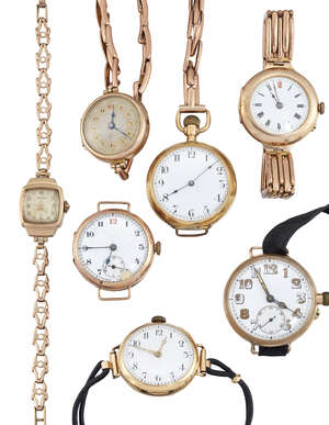
	
		Seven various gold wristwatches, comprising: a late 19th/early 20th century gold open...