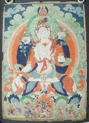 
	
		A large Tibetan thangka of Tara, 19th century, distemper on cloth, seated in dhayasana,...