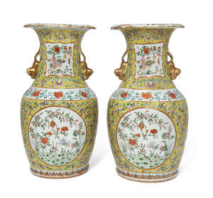 
	
		A pair of Chinese porcelain yellow-ground famille rose 'flowers' vases, 19th century,...