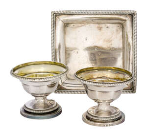 
	
		A pair of George III silver salts, London, c.1800, Edward Capper, together with a square...