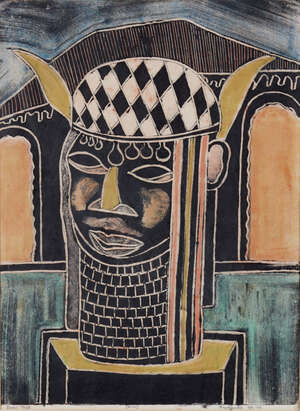 
	
		Buyo Ogundele, 
		Nigerian b.1949-
		 
		Benin Head, 1989; 
		 
		monoprint in colours,...