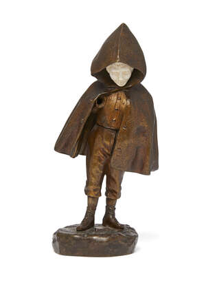 A bronze and ivory figure of a man, 19th century, wearing a hooded cloak, signed Chopard to the...