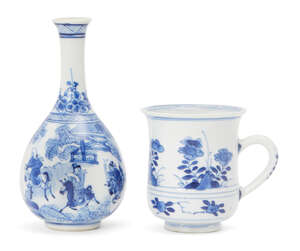 A Chinese porcelain small bottle vase, Kangxi period, with pear-shaped body and tall cylindrical flaring neck, painted in underglaze blue with the 'love ch