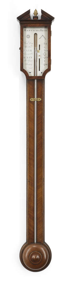
	
		A George III mahogany stick barometer by Dominic Manticha, late 18th century, the broken...