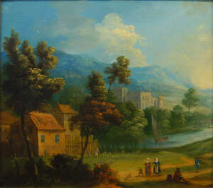 
	
		Follower of Balthasar Beschey,
		Flemish 1708-1776- 
		 
		Figures by cottages with a...