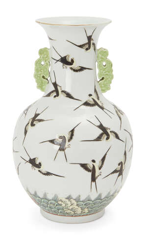 
	
		A Chinese porcelain 'swallow' twin-handled vase, Republic period, the baluster body...