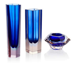 
	
		Murano, 
		 
		Two Sommerso block glass vases together with a Sommerso glass dish,...