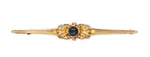 
	
		Georg Jensen, a gold and sapphire bar brooch 
		c.1925, GI mark 765, 18k 169 
		