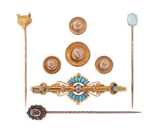 A group of jewellery, comprising: a 19th century diamond and turquoise brooch, the old-cut diamond claw-set on embellished baton to turquoise double fan surrou