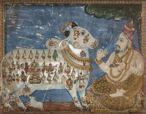 
	
		The sage Vashistha with the wish-fulfilling cow goddess Kamadhenu, Tanjore, South India,...