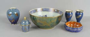 
	
		A pair of small Wedgwood lustre vases, 20th century, decorated with butterflies to pale...
