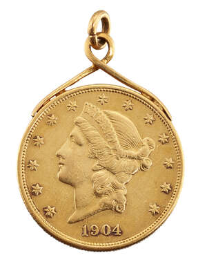 A pendant mounted gold USA 20 dollar coin, 1904, soldered mount