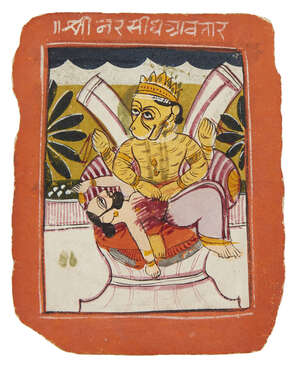 
	
		Durga and a demon, Rajasthan, circa 1800, opaque pigments on paper, inscribed in white...