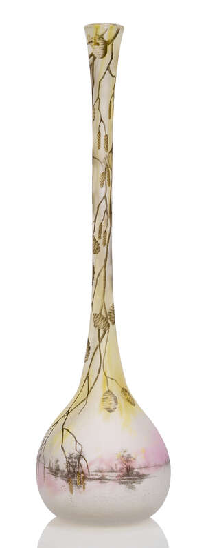 
	
		Daum, an enamelled solifleur glass Landscape vase  
		c.1910, signed in relief Daum...