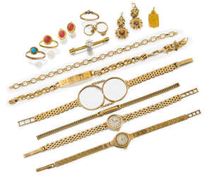 A group of jewellery, including: two lady's 9ct gold wristwatches, one signed Rotary, the other Technos; a cubic zirconia single stone brooch;  a curb-link