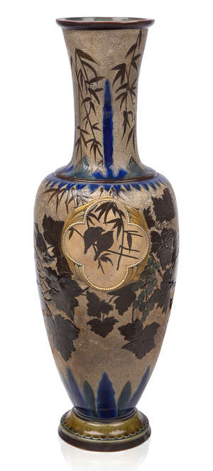 
	
		Florence E Barlow (British, Act. 1873-1909), a large Doulton Lambeth pâte-sur-pâte...