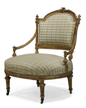 
	
		A late Victorian gilt gesso nursing chair, the shaped back centred by carved bow, with...